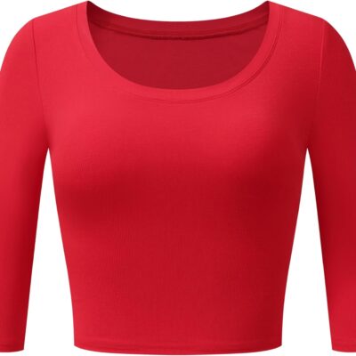 Formeet17 Women's Basic 3/4 Sleeve Crop Tops Scoop Neck Slim Fitted Ribbed Knit Shirts