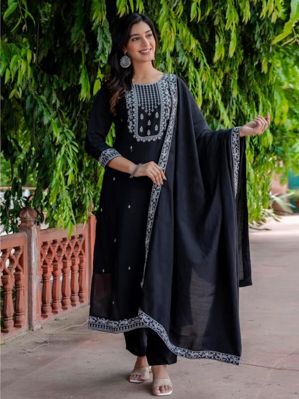 VredeVogel Women's Kurta Pant Set with Dupatta | Embroidered Viscose Roman Silk Kurta Set for Women - Image 3
