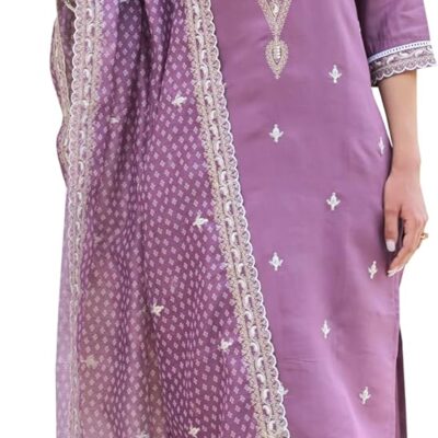 VredeVogel Women's Silk Blend Embroidered Kurta with Pant & Organza Dupatta Set