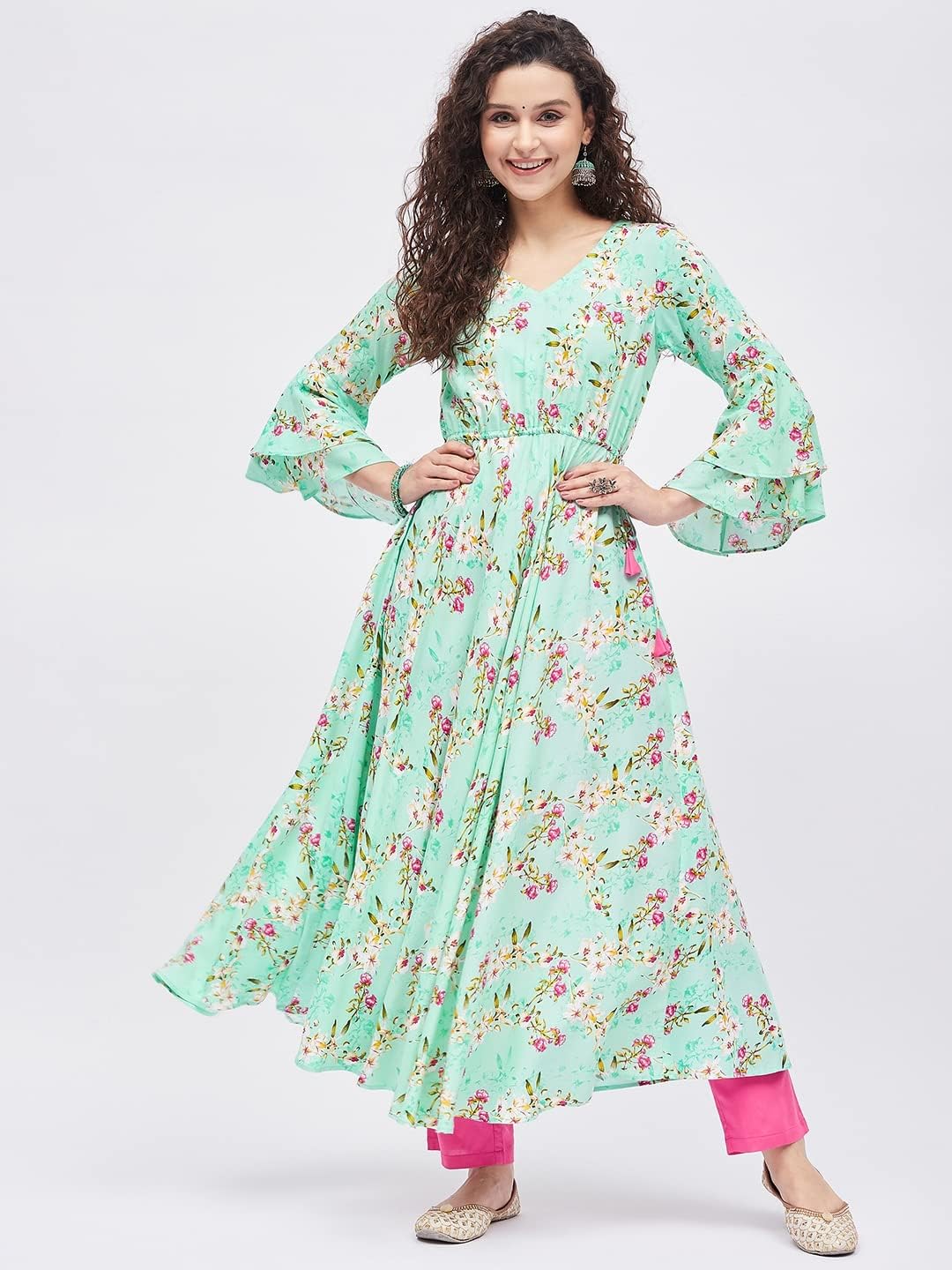 Tissu Women's Rayon Light Green & Rani Floral Printed Tie-up Kurta - Image 7