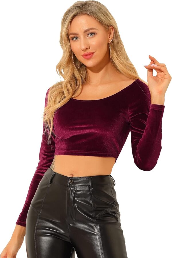Allegra K Women's Velvet Long Sleeve Off Shoulder Solid Crop Top