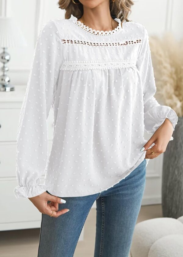 Womens Boho Tops Long Sleeve Shirts For Women Cute Crewneck Blouse Dressy Casual Swiss Dot Crochet Hollow Top 2025 - Image 4