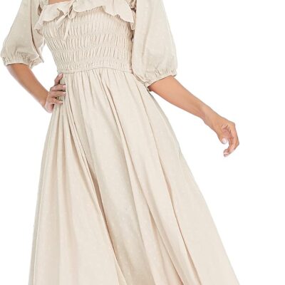 R.Vivimos Women Summer Half Sleeve Cotton Ruffled Vintage Elegant Backless A Line Flowy Long Dresses