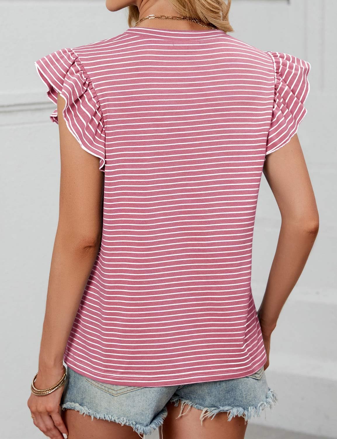 JUSTFASHIONNOW Womens Summer Tops Striped T-Shirts 2025 Ruffle Short Sleeve Crew Neck Casual Blouses with Pocket - Image 5