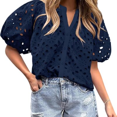 Rapbin Blouses for Women Dressy Casual V Neck Short Sleeve Eyelet Summer Tops Button Down Lace Embroidered Shirts