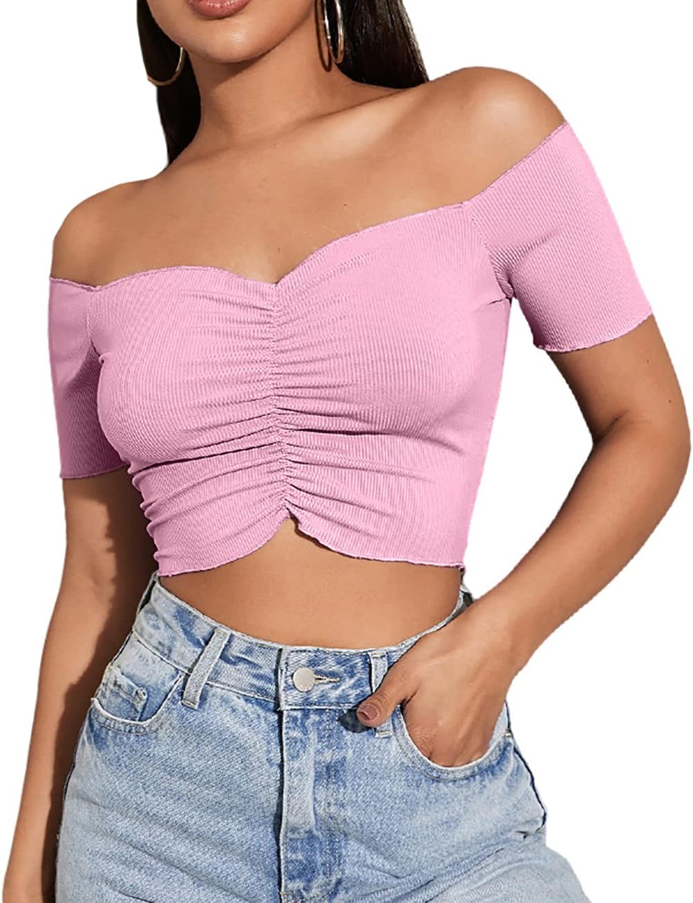 LYANER Women's Off Shoulder Ruched Short Sleeve Rib Knit Sexy Crop Top Blouse - Image 2