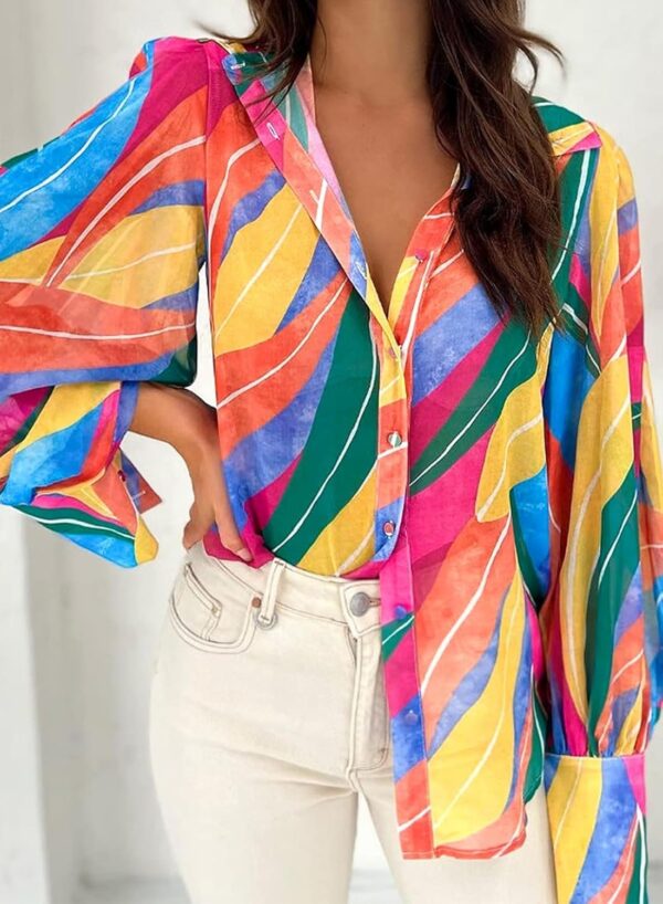 Zeagoo Womens Shirts Button Down Printed Lantern Long Sleeve Blouse Fashion Casual Tops 2025 - Image 3