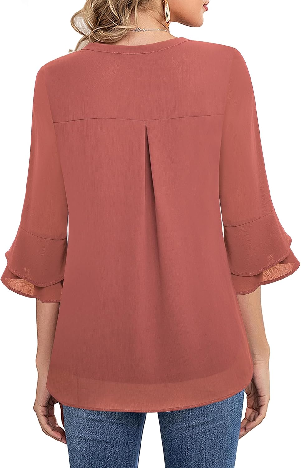 Lotusmile Womens Tops Dressy Casual 3/4 Tiered Bell Sleeve Blouses Double Layered Chiffon Work Tunic Shirts - Image 5