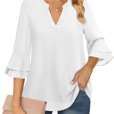 Lotusmile Womens Tops Dressy Casual 3/4 Tiered Bell Sleeve Blouses Double Layered Chiffon Work Tunic Shirts