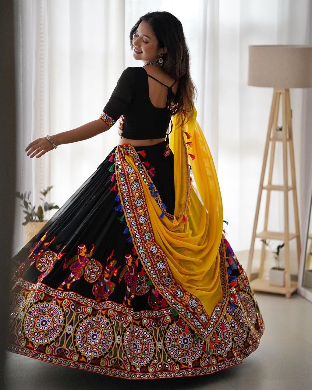 Womens Indian Lehenga Choli Set | Traditional Mirror Work Lehenga Choli and Dupatta | Gujrati Lehenga Set - Image 4