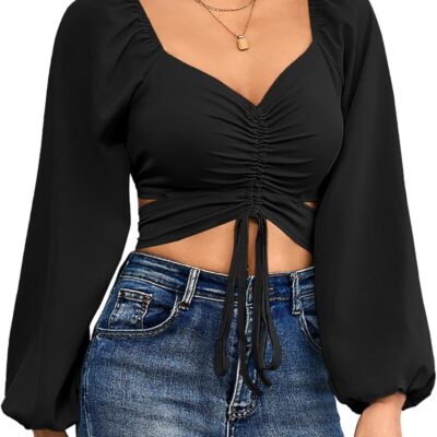 Rooscier Women's Drawstring V Neck Ruched Lantern Long Sleeve Tie Back Crop Top Blouse