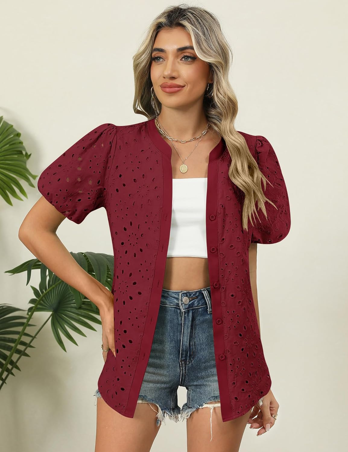 Rapbin Blouses for Women Dressy Casual V Neck Short Sleeve Eyelet Summer Tops Button Down Lace Embroidered Shirts - Image 4