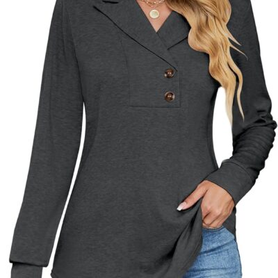 Micoson Women's Long Sleeve Button Lapel Tunic Tops V Neck Business Casual Swing Sweatshirt Pullover