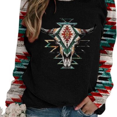 HOTYD Western Sweatshirts for Women Casual Long Sleeve Vintage Aztec Geometric Graphic Shirts Loose Crew Neck Pullover Tops