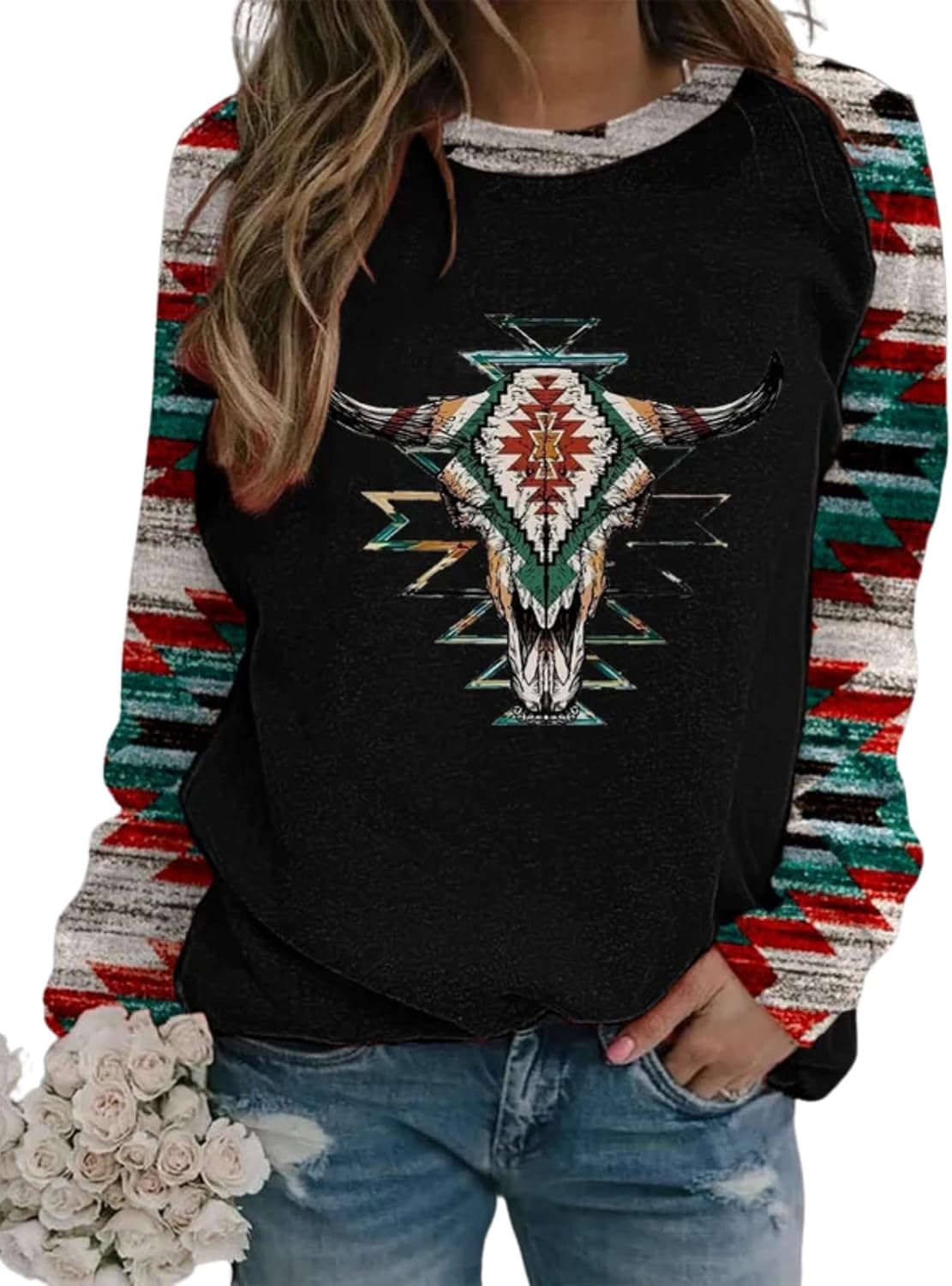 HOTYD Western Sweatshirts for Women Casual Long Sleeve Vintage Aztec Geometric Graphic Shirts Loose Crew Neck Pullover Tops