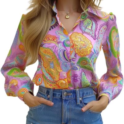 Long Sleeve Blouses for Women Button Down Shirts Dressy Casual Blouse Work Colorful Boho Tops 2025
