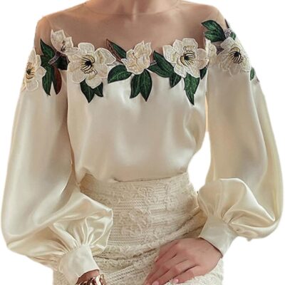Yvipette Women's Embroidery Satin Shirt Elegant Sheer Patchwork Long Sleeve Relax Pullover Tops
