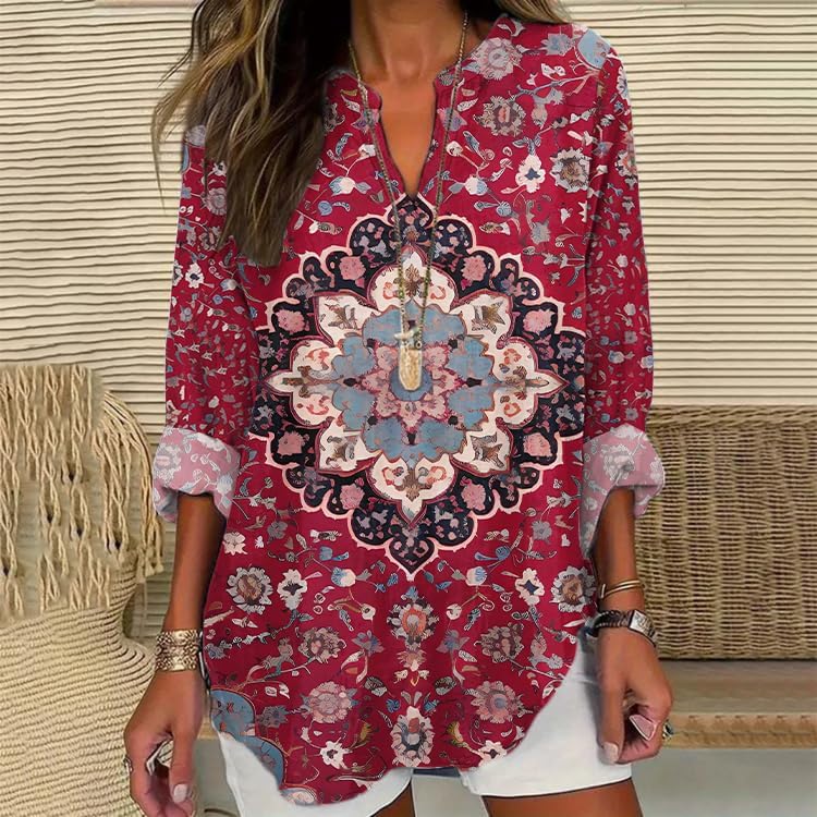 HOTYD Long Sleeve V Neck Boho Blouses for Women Dressy Casual Round Hem Vintage Graphic Shirts Loose Fit Pullover Floral Tops - Image 2