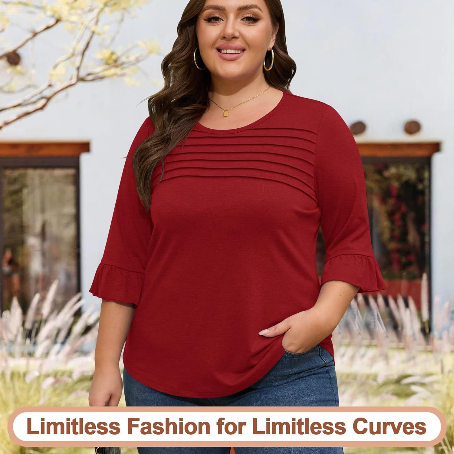 Blingfit 3/4 Length Sleeve Womens Tops Dressy Casual Shirts Ruffle Bell Sleeve Front Pleated Fasion Trendy Summer Blouses - Image 5