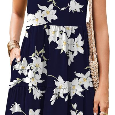 Hount Womens Summer Casual Dresses 2025 V Neck Sleeveless Beach Sundresses Flowy Tiered Tank T Shirt Dress with Pockets