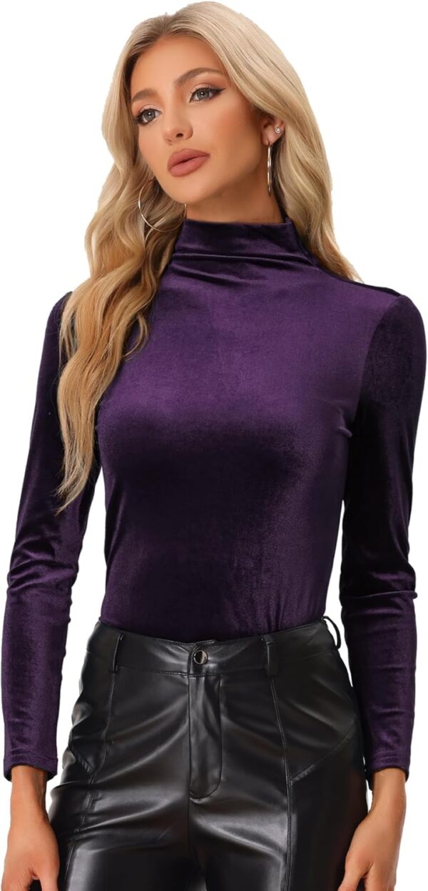 Allegra K Women's Turtleneck Velvet Top Long Sleeve Work Shirts Basic Velour Blouse