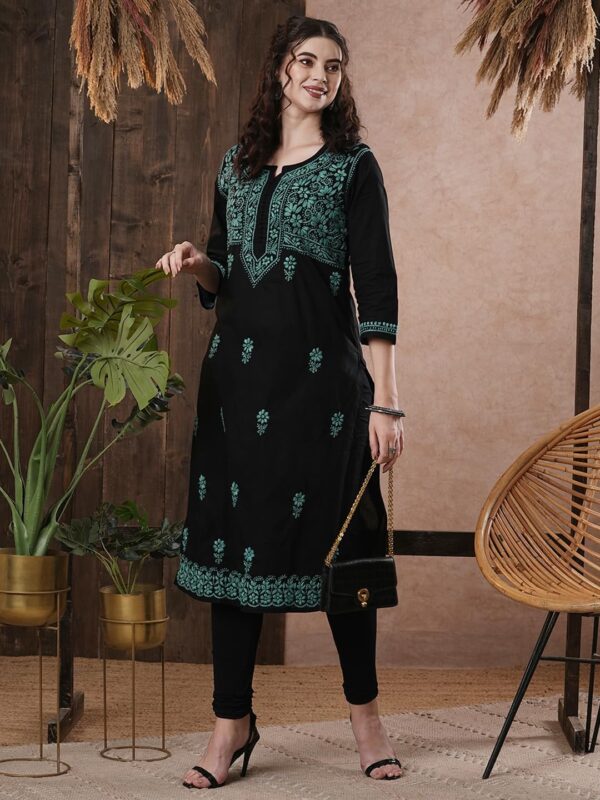 Ada Indian Hand Embroidered Chikankari Straight Cotton Kurta Kurti Tunic Dress for Women A411543 - Image 4