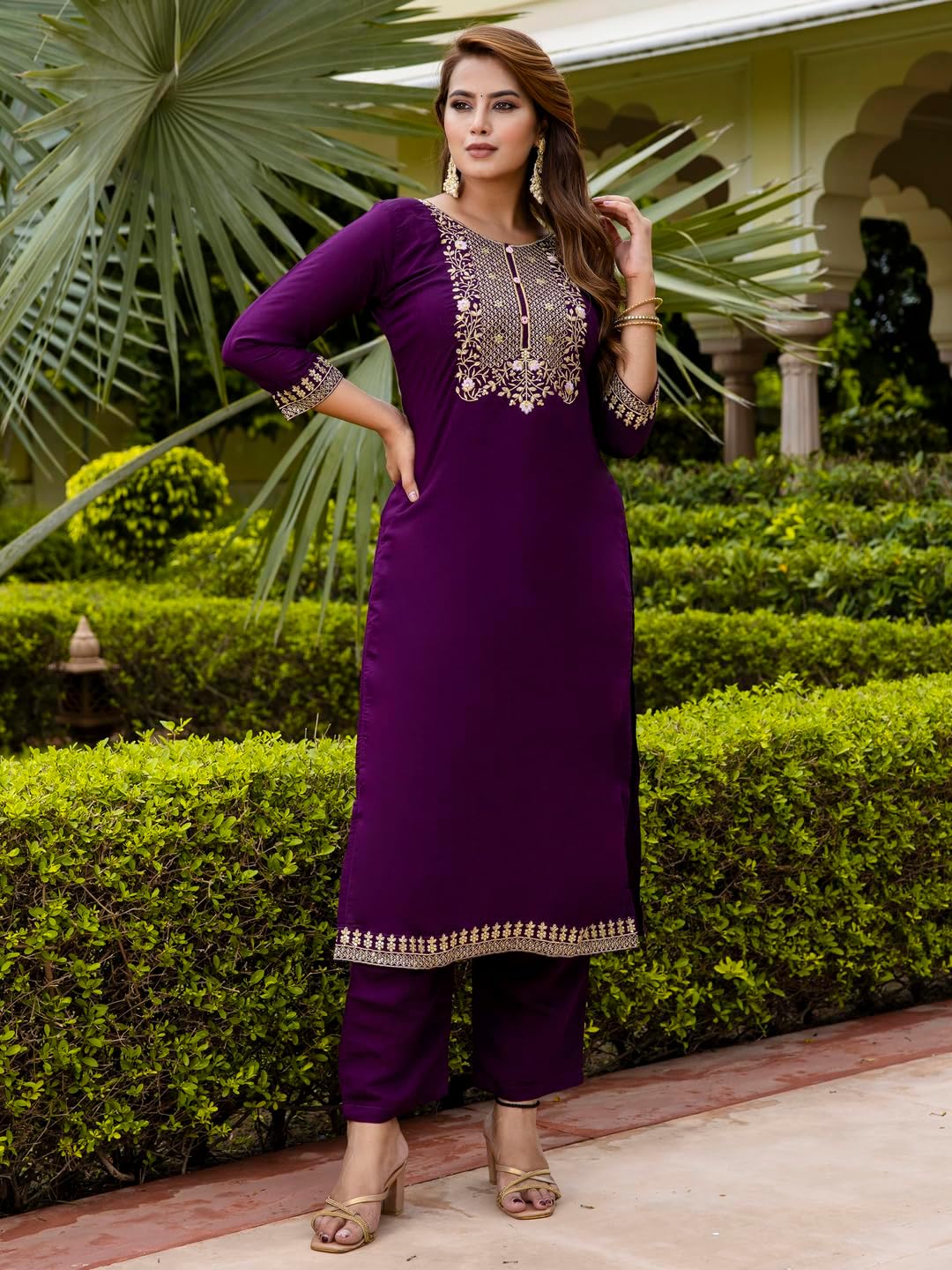 VredeVogel Women's Kurta Pant Set with Dupatta | Embroidered Viscose Roman Silk Kurta Set for Women - Image 2