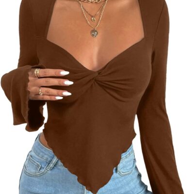 Avanova Women's Long Sleeve Square Neck Crop Top Twist Front Asymmetrical Shirt