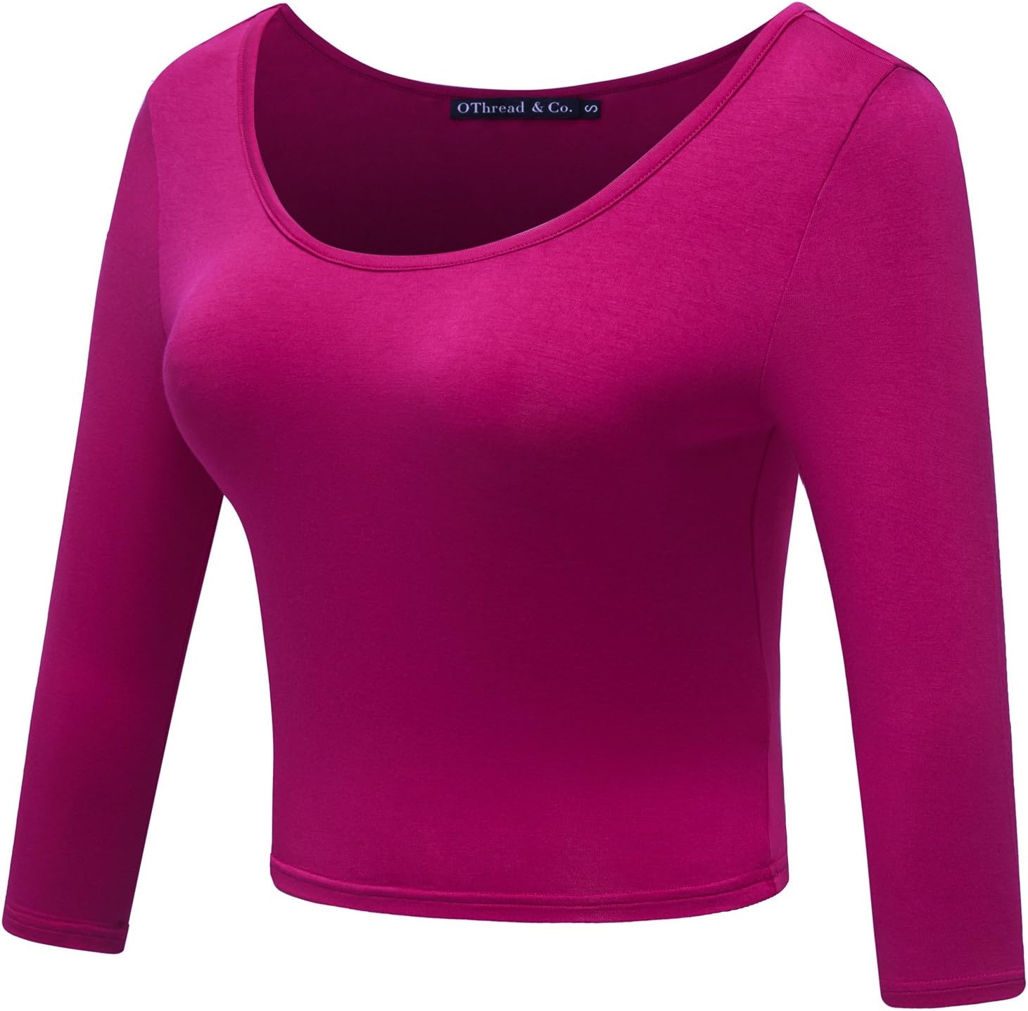 OThread & Co. Women's Crop Tops Basic Stretchy Scoop Neck 3/4 Sleeve T-Shirt - Image 2