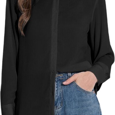 Women's Button Down Shirt Textured Chiffon Blouse Classic Collared Top Casual Work Office Blouse
