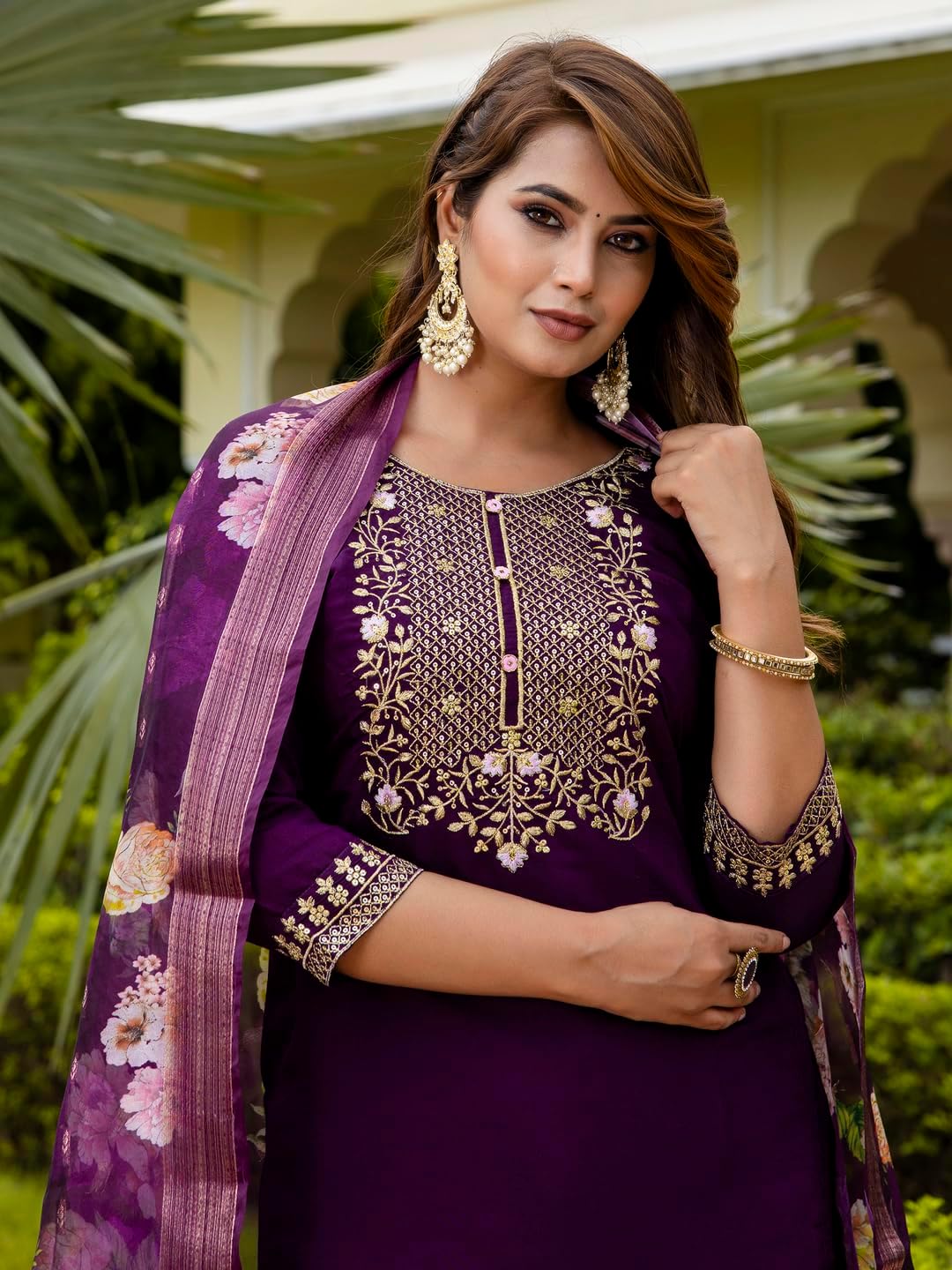 VredeVogel Women's Kurta Pant Set with Dupatta | Embroidered Viscose Roman Silk Kurta Set for Women - Image 3