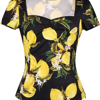 YARN & INK Women's Rockabilly Tops, 1950s Pinup Vintage Blouse Square Neck Slim Fit Shirt Classic Elegant for Women Girls