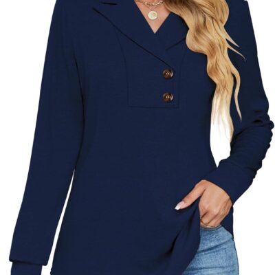 Micoson Women's Long Sleeve Button Lapel Tunic Tops V Neck Business Casual Swing Sweatshirt Pullover