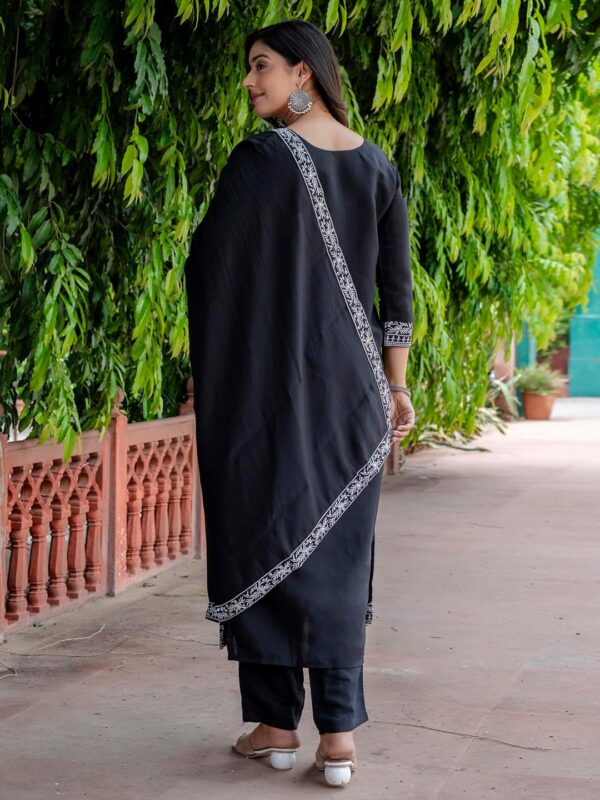 VredeVogel Women's Kurta Pant Set with Dupatta | Embroidered Viscose Roman Silk Kurta Set for Women - Image 4