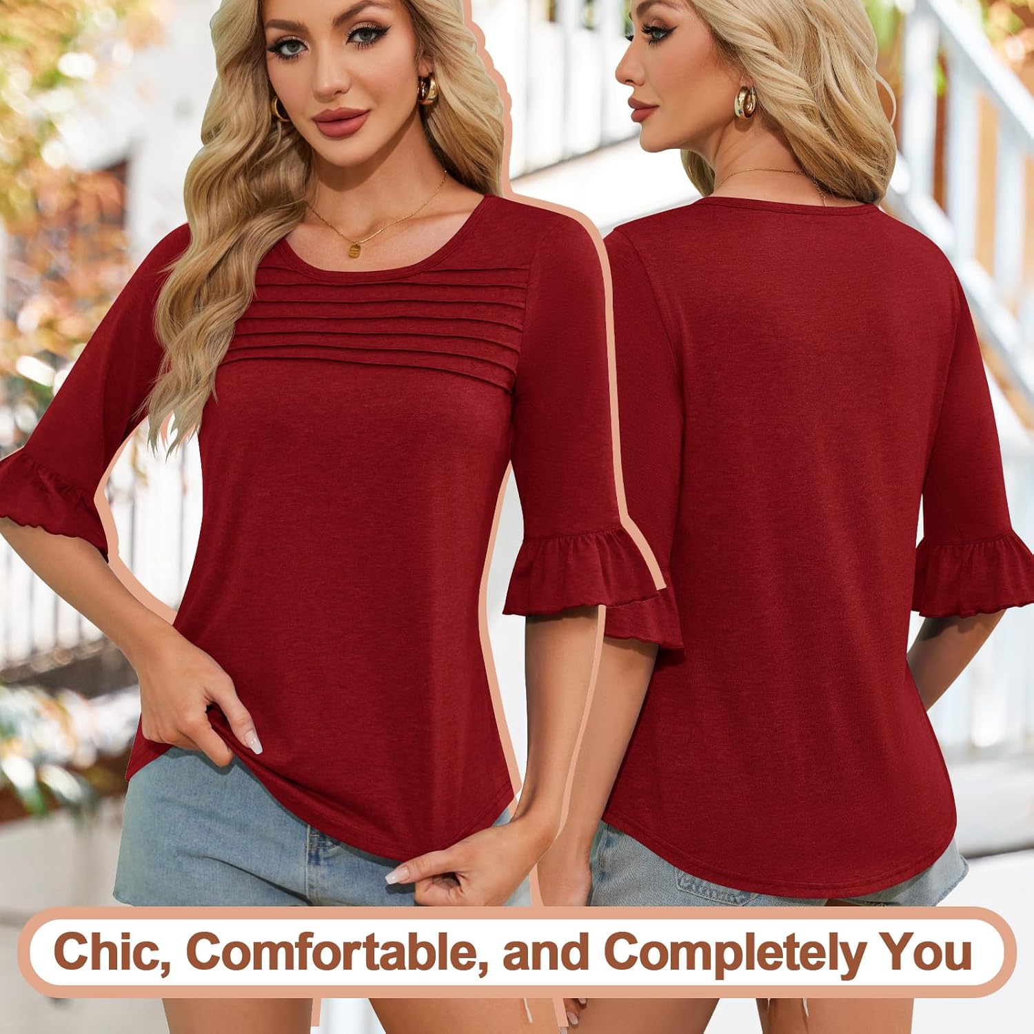 Blingfit 3/4 Length Sleeve Womens Tops Dressy Casual Shirts Ruffle Bell Sleeve Front Pleated Fasion Trendy Summer Blouses - Image 2