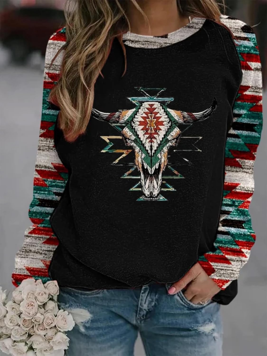 HOTYD Western Sweatshirts for Women Casual Long Sleeve Vintage Aztec Geometric Graphic Shirts Loose Crew Neck Pullover Tops - Image 2