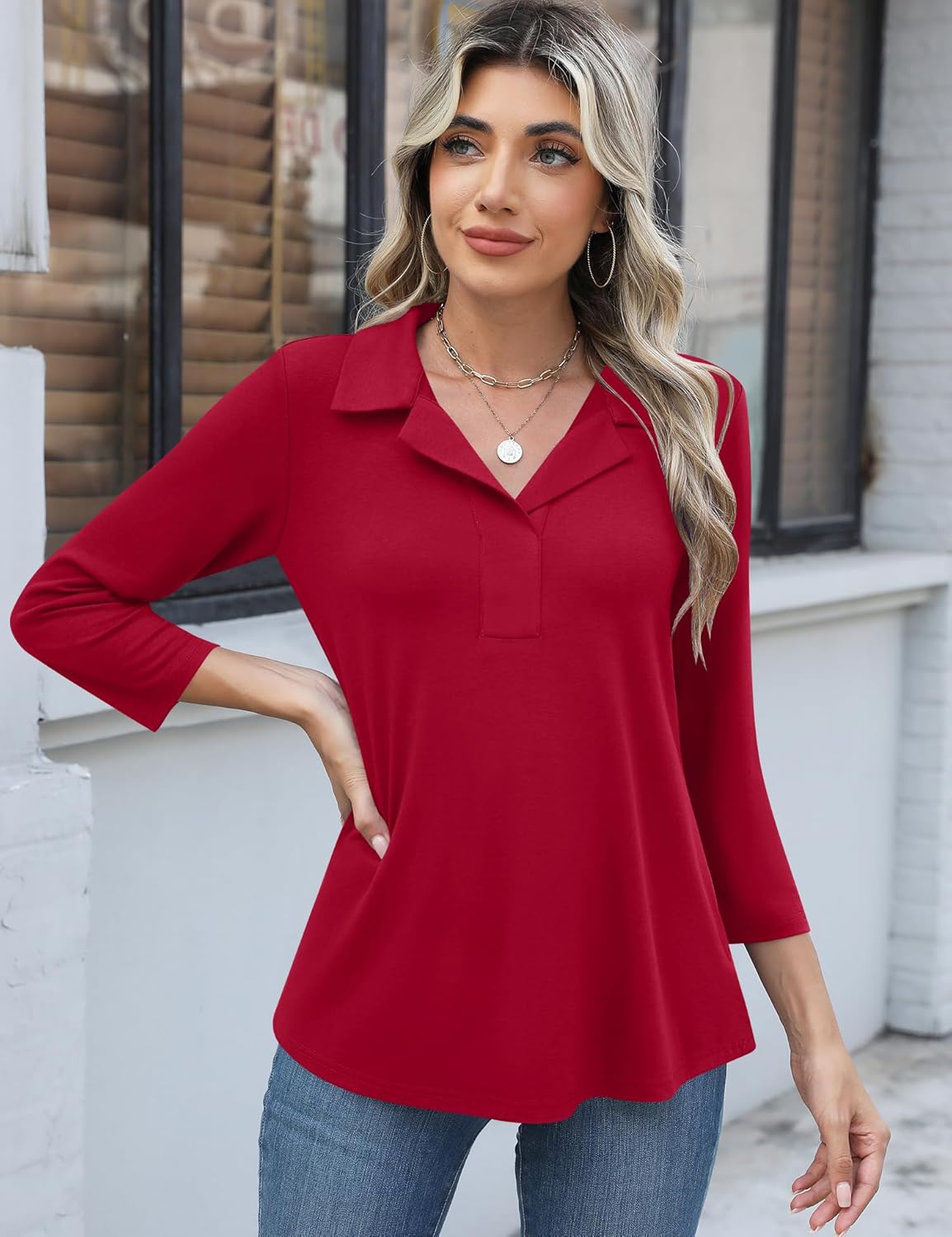 LUYAA Womens Polo Shirts 3/4 Length Sleeve Tops Collar V Neck Business Casual Blouses - Image 5