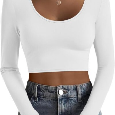 Ekouaer Long Sleeve Crop Tops for Women Scroop Neck Lightweight Basic Base Layer Soft Thermal Undershirts Shirts S-XXL