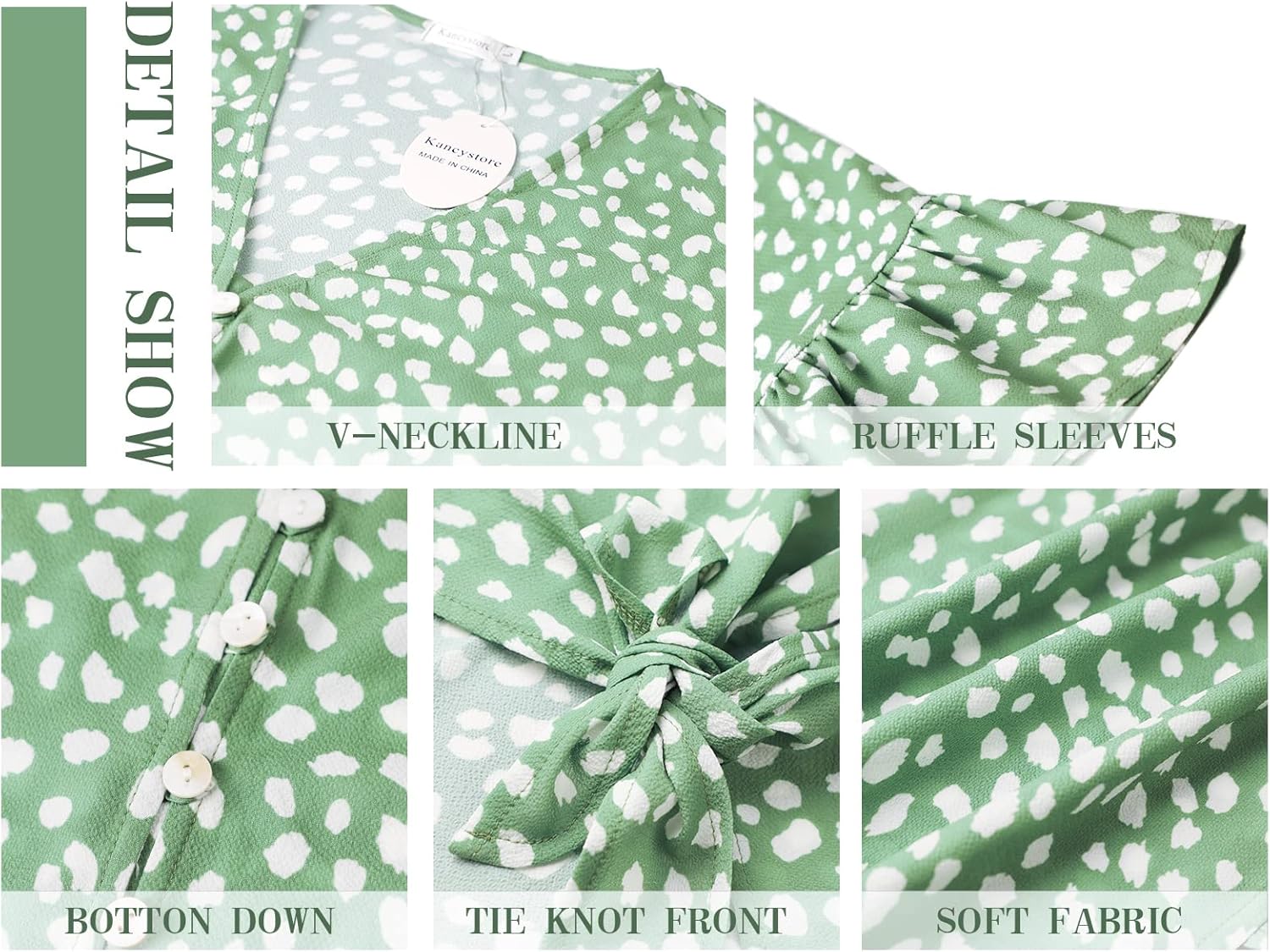 Kancystore Womens Button Down V Neck Tie Knot Front Tops 3/4 Sleeve Chiffon Casual Blouse Shirts - Image 3