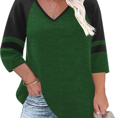 TFSDOD Womens Plus Size Tops V Neck T Shirts 3/4 Sleeve Blouse Summer Casual Tees XL-5X