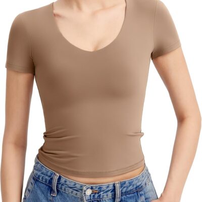 PUMIEY Women's V Neck Short Sleeve T Shirts Slim Fit Going Out Tops Sexy Basic Tee Sharp Collection
