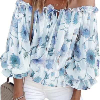 BLENCOT Summer Sexy Off Shoulder Tops for Women Boho Ruffle Sleeve Floral Chiffon Shirts Blouses
