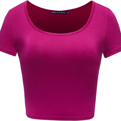 OThread & Co. Women's Basic Crop Tops Stretchy Casual Scoop Neck Cap Sleeve Shirt