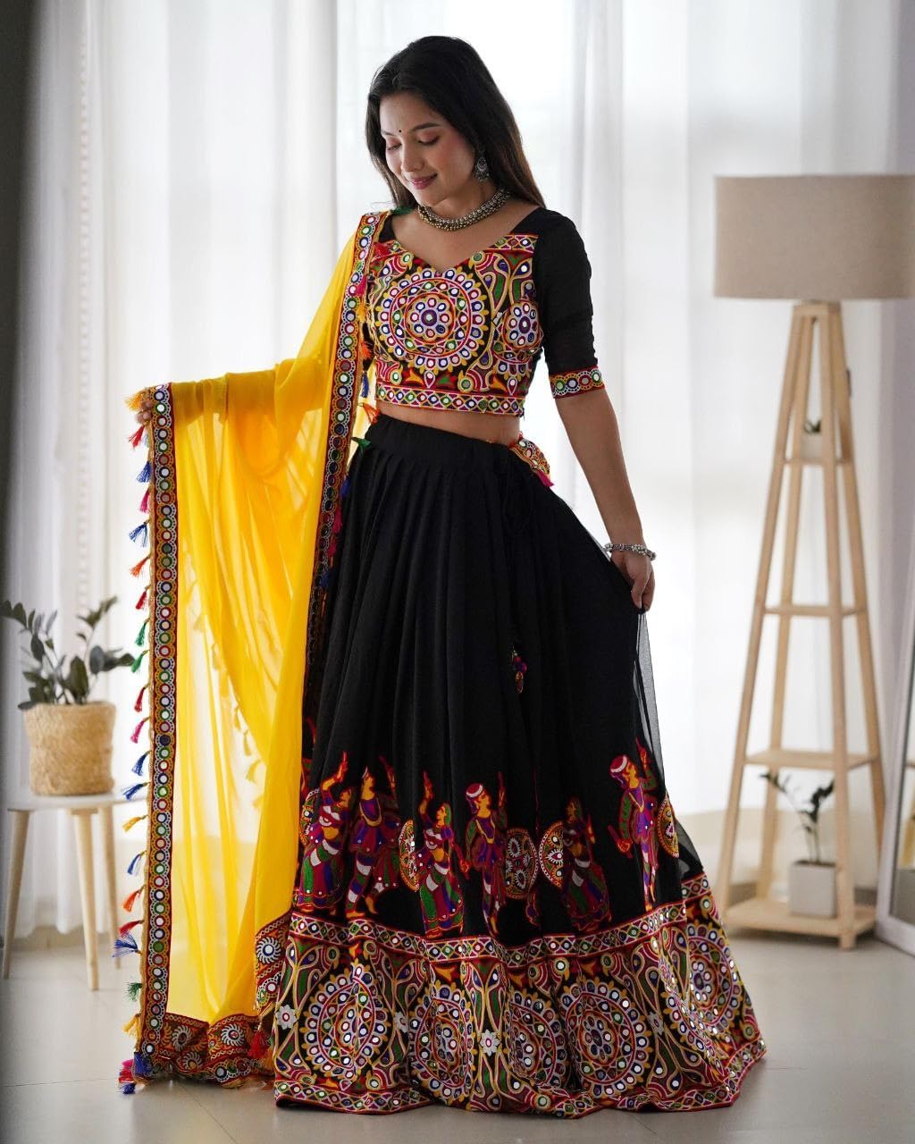 Womens Indian Lehenga Choli Set | Traditional Mirror Work Lehenga Choli and Dupatta | Gujrati Lehenga Set - Image 2
