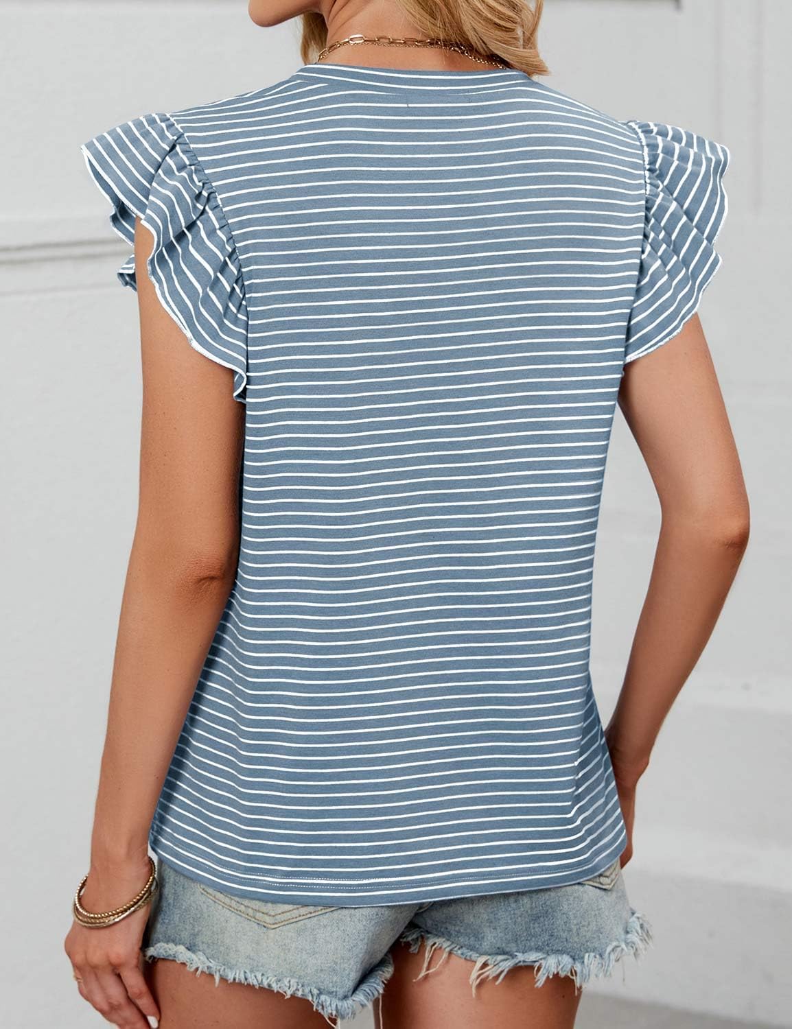 JUSTFASHIONNOW Womens Summer Tops Striped T-Shirts 2025 Ruffle Short Sleeve Crew Neck Casual Blouses with Pocket - Image 5