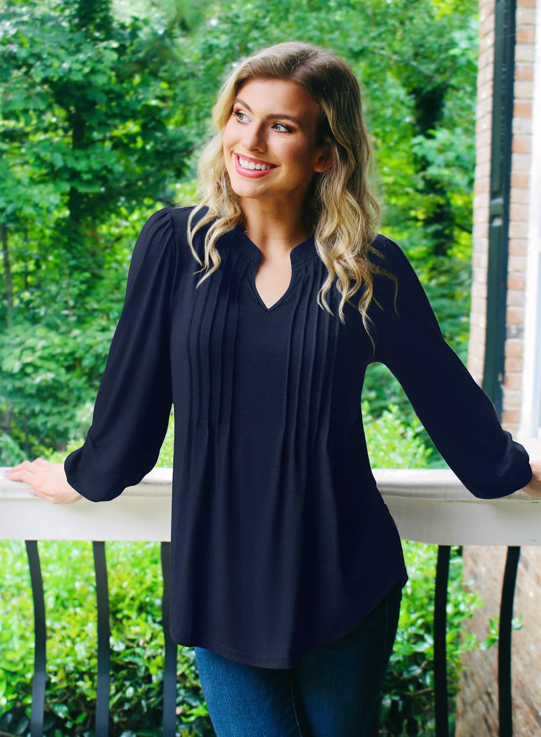 MIHOLL Women's V Neck Puff Long Sleeve T Shirts Pleated Casual Loose Tunic Blouse - Image 5