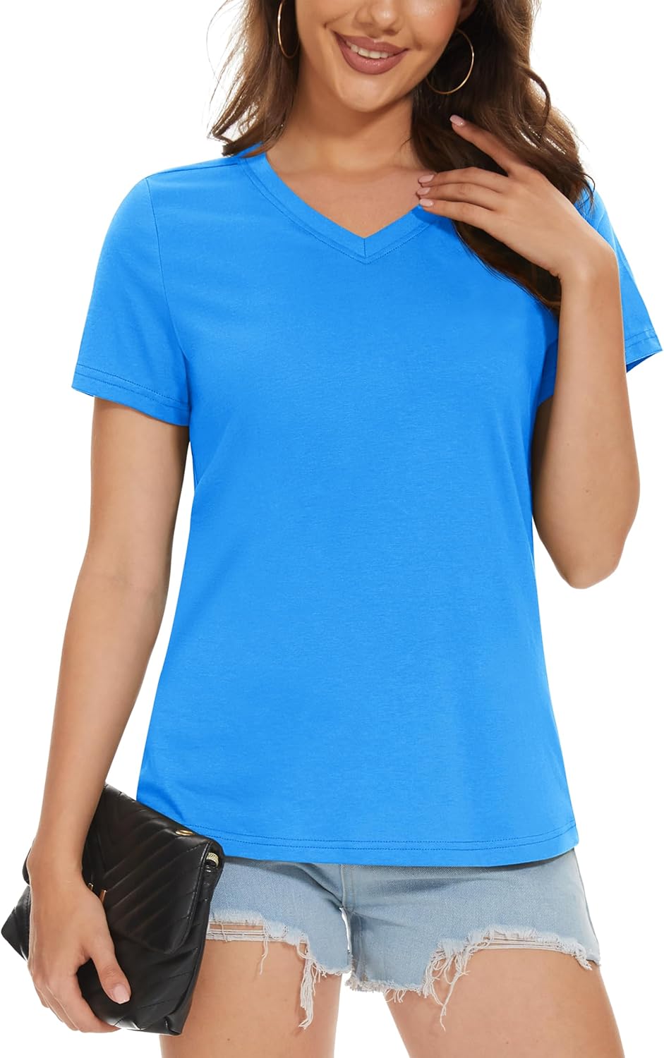 MAGCOMSEN Women's Cotton T Shirt V-Neck Short Sleeve Shirt Classic-Fit Casual Breathable Tee Summer Basic Tops
