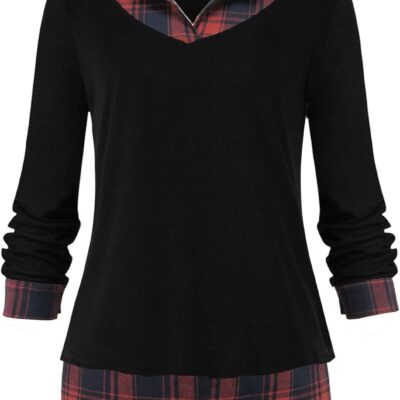 Oyamiki Women's Casual Collared Curved Hem 2 in 1 Pullover Tops Plaid Contrast Shirt Blouse