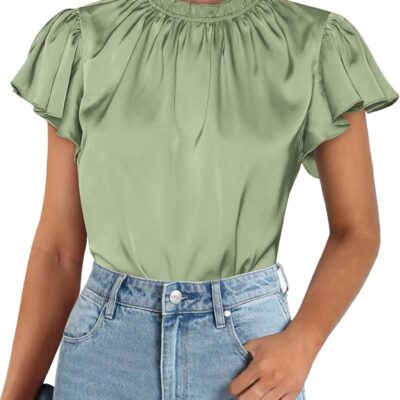 PRETTYGARDEN Women's Summer Satin Blouse Shirt 2025 Dressy Casual Ruffle Short Sleeve Crewneck Work Office Party Tops