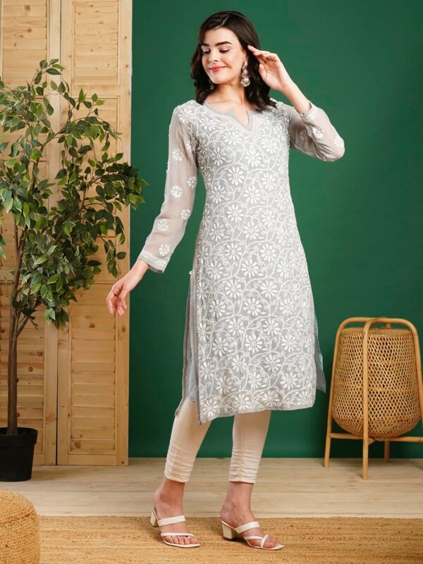 Ada Hand Embroidered Indian Chikankari Georgette Kurti Kurta with Slip for Women A90397 - Image 5